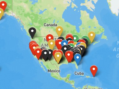 Crowd sourced Military Sexual Trauma (MST) map, color markers indicate type of assault at that location.